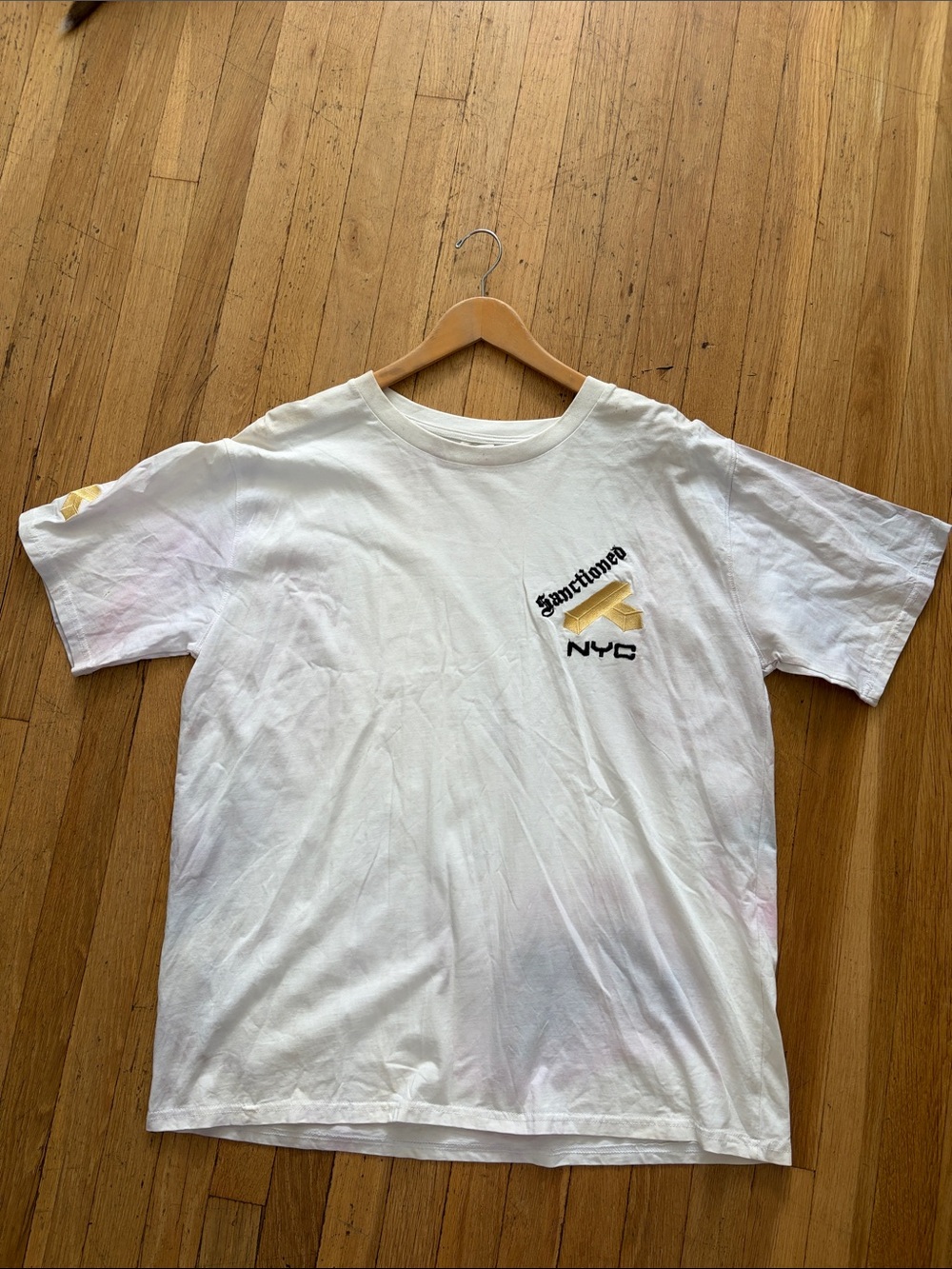 White 'Sanctioned NYC' Graphic Tee with Yellow Accent